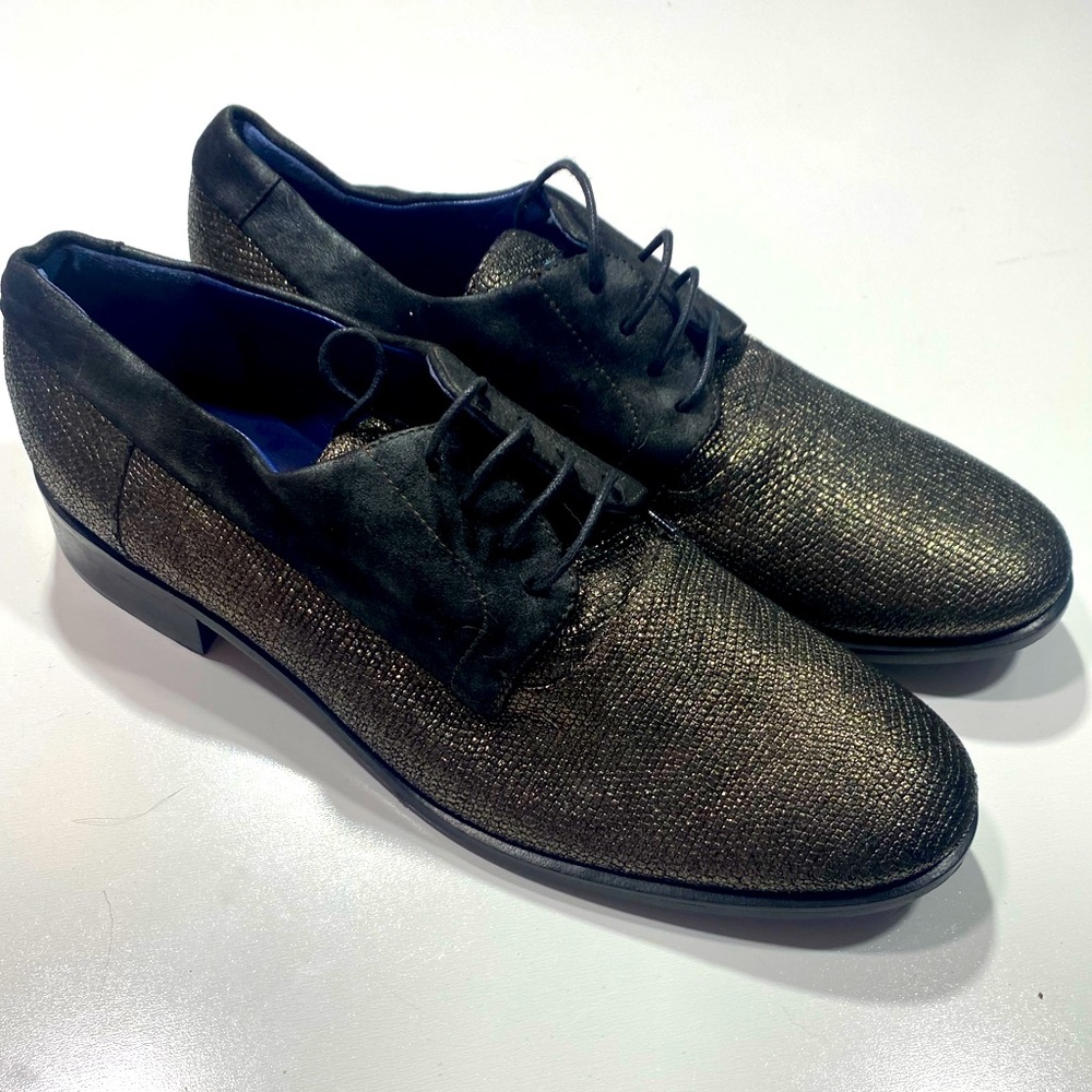 Valentina Rangoni Leather Black With Gold Metallic Sheen Woman’s Loafers 9‎